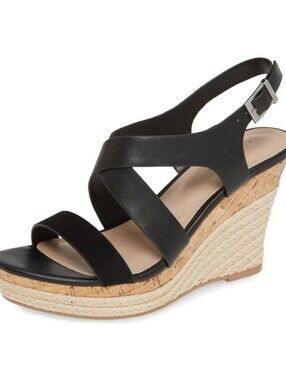 Charles David Layne Black Espadrille Slingback Ankle Strap Platform Wedge Sandal